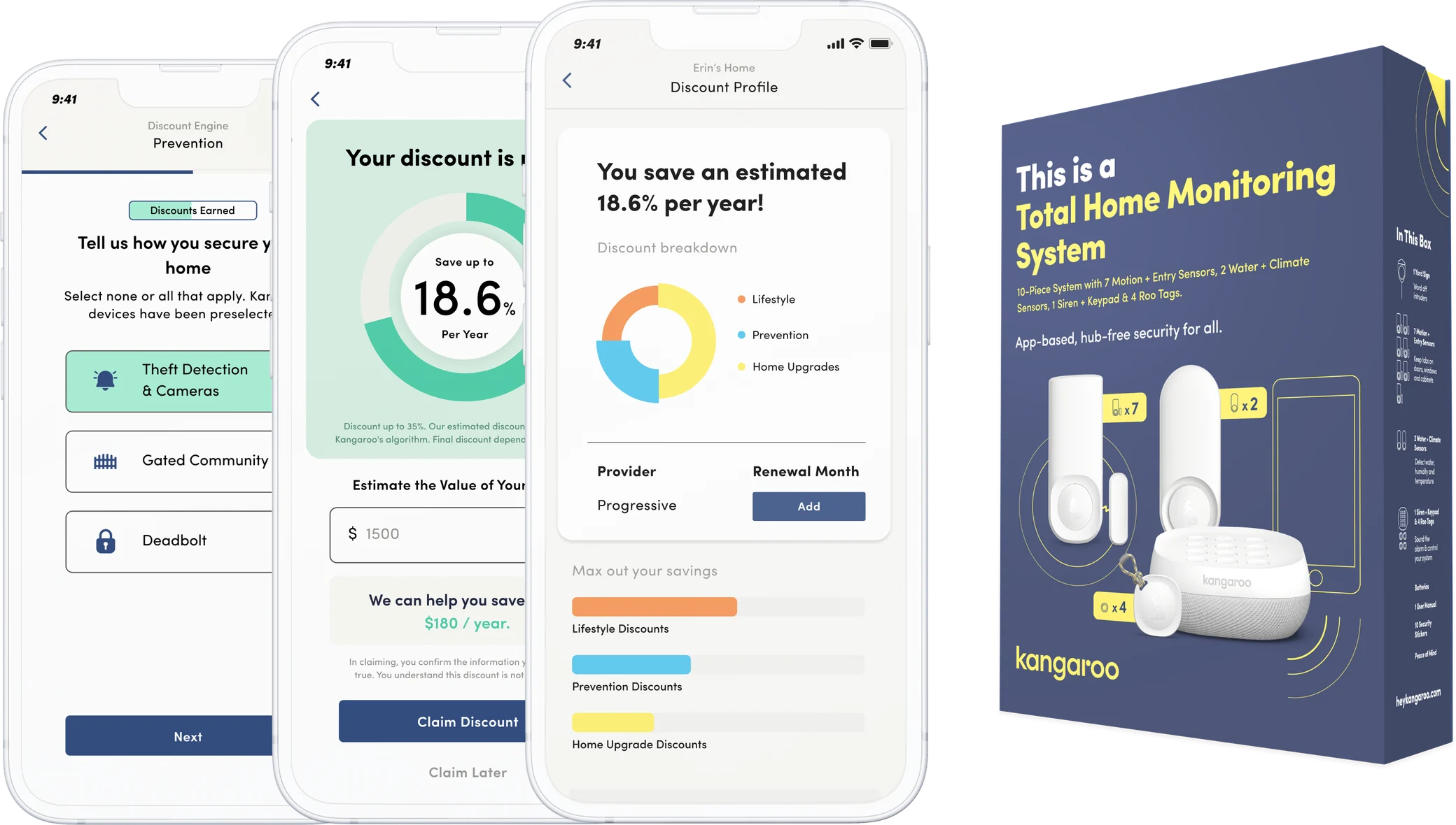 Three overlapping phone screens showing discounts earned, a discount ready and a discount breakdown, beside the Kangaroo home monitoring kit box